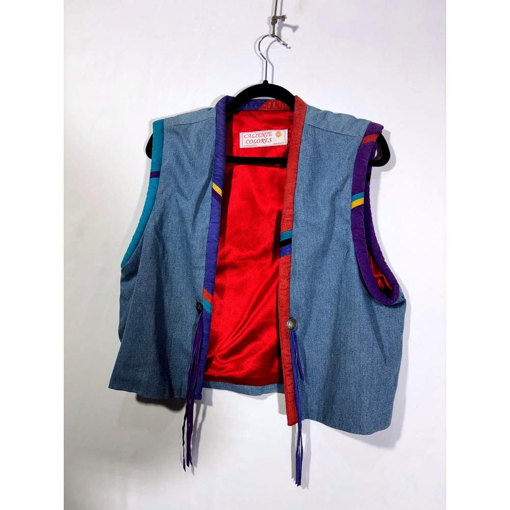 Vintage Southwestern Boho Caliente Colores Denim Suede Vest  Womens Small